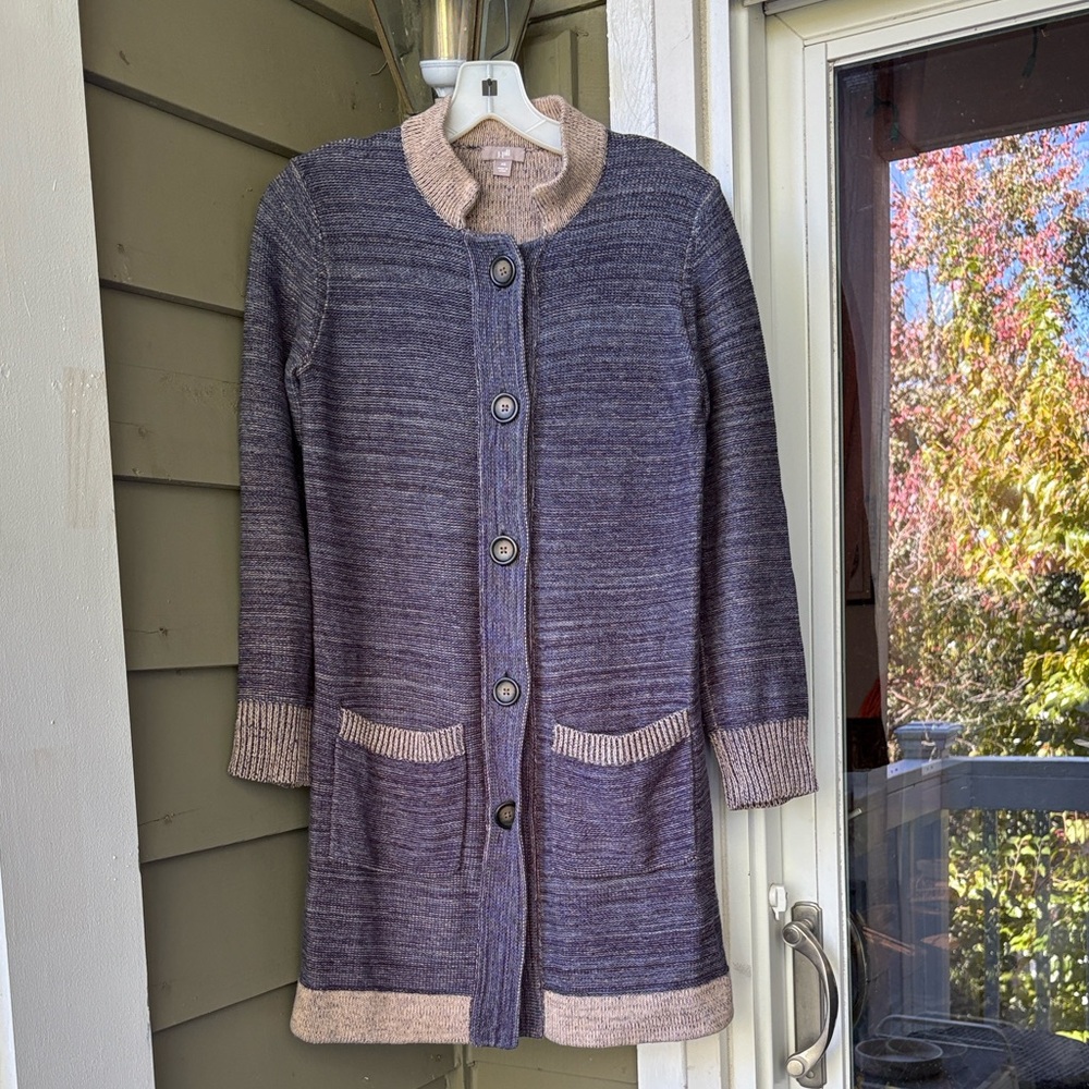 Vtg J. Jill Blue heather Long Cardigan w great buttons. Sz Xs/S Excellent Cond